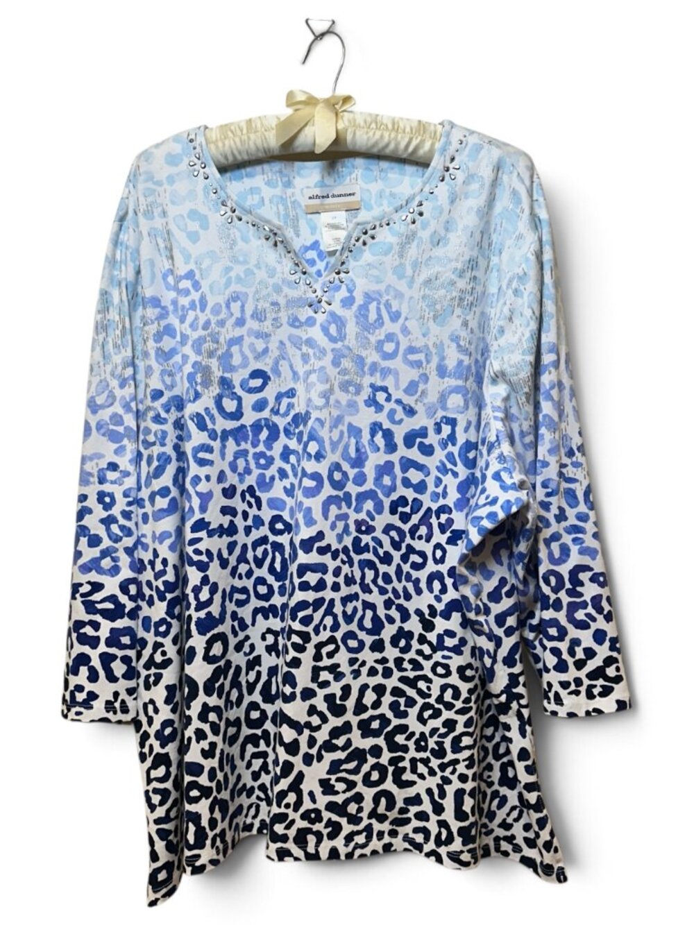 Alfred Dunner Tunic Top Ombre Animal Print Jeweled V Neck Size 3X Blue White